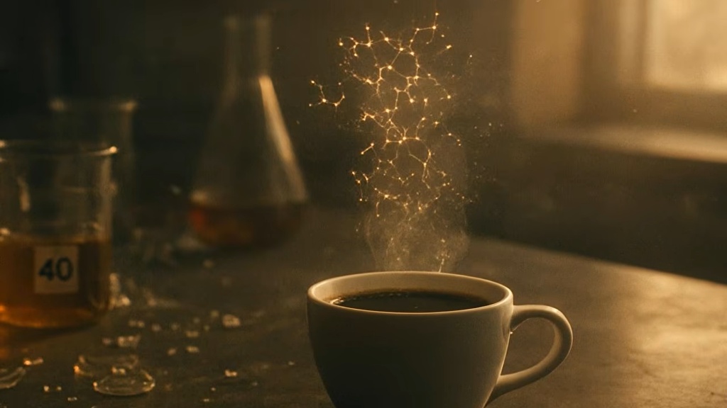 Vapor saindo de uma xícara de café com representação molecular